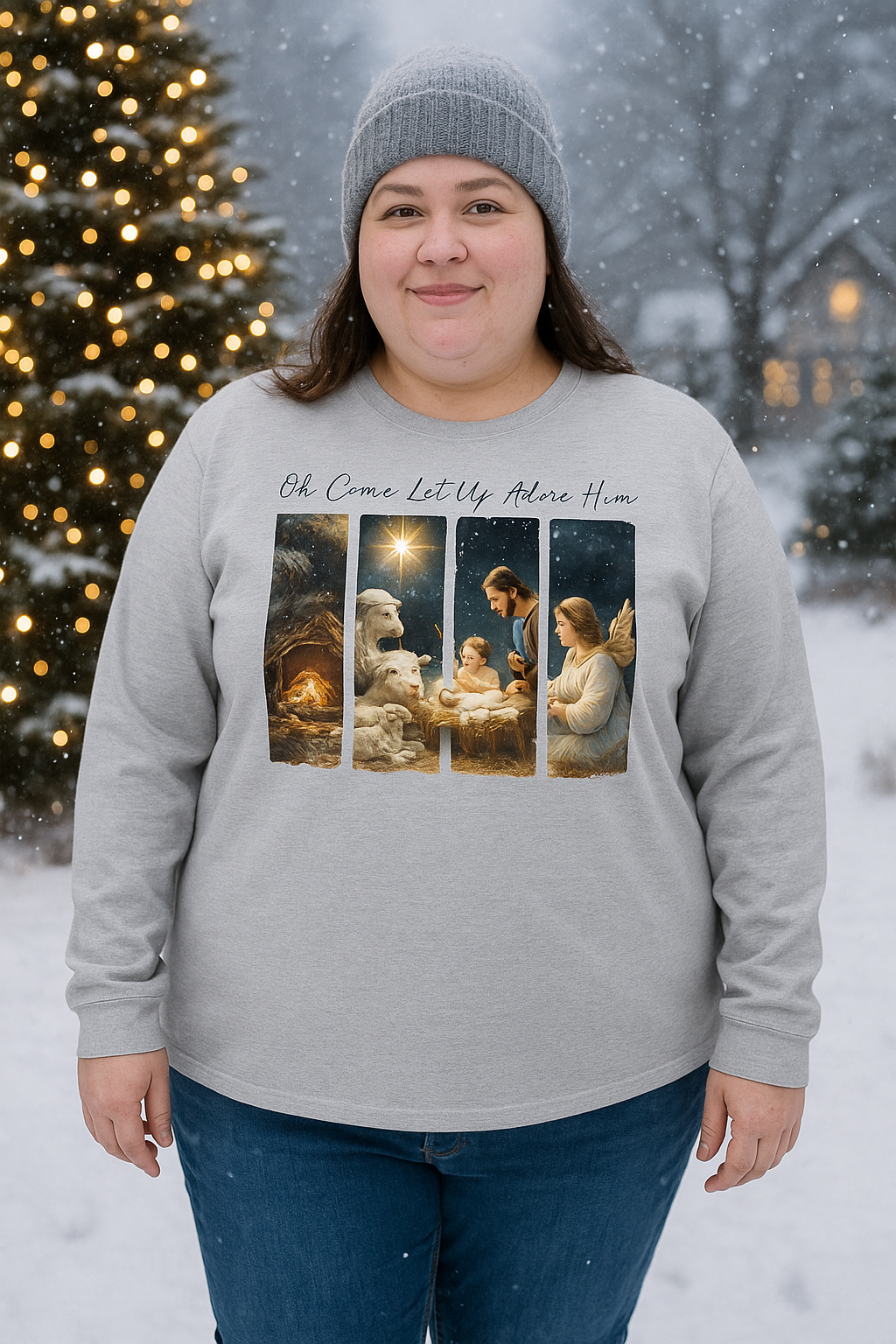 Oh Come Let Us Adore Him Nativity Long Sleeve Shirt – Christian Christmas Sweatshirt, Religious Holiday Apparel, Jesus Birth Scene Tee, Faith Gift