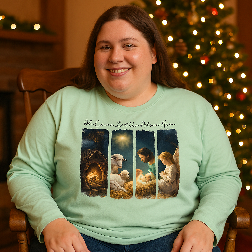 Oh Come Let Us Adore Him Nativity Long Sleeve Shirt – Christian Christmas Sweatshirt, Religious Holiday Apparel, Jesus Birth Scene Tee, Faith Gift