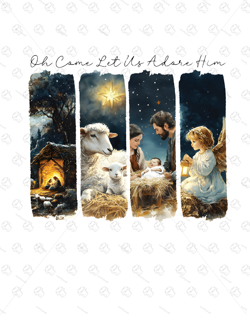 Nativity scene with shepherds, sheep, and baby Jesus, featuring text 'Oh Come Let Us Adore Him'.