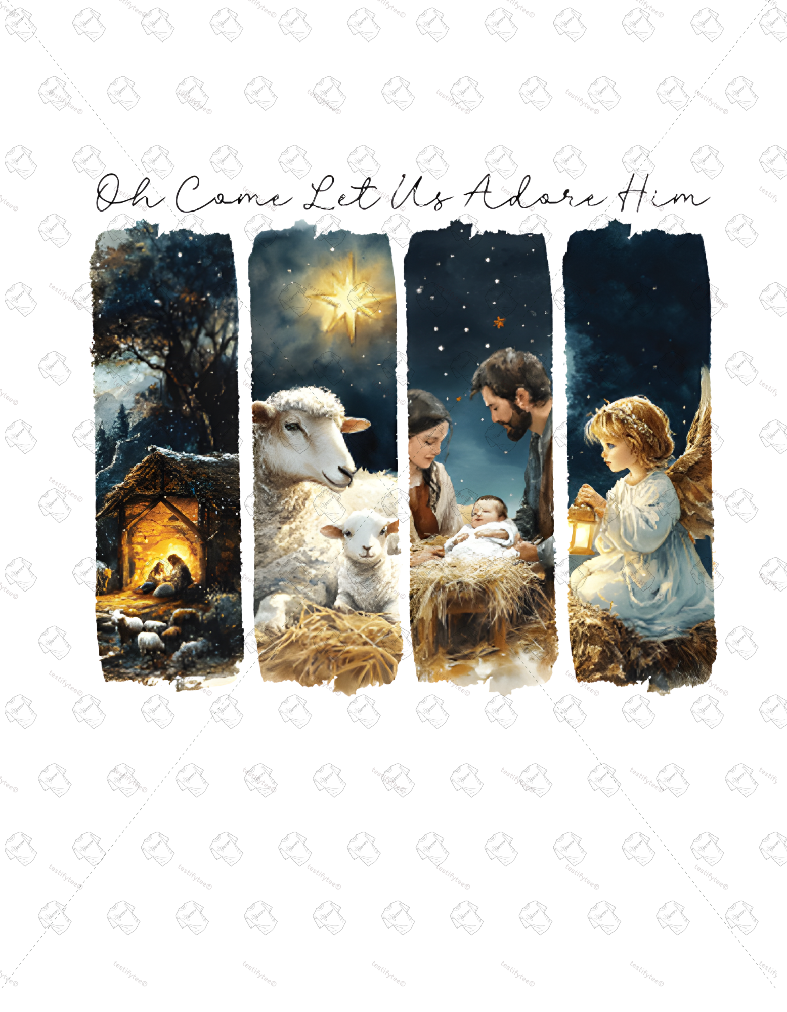 Nativity scene with shepherds, sheep, and baby Jesus, featuring text 'Oh Come Let Us Adore Him'.